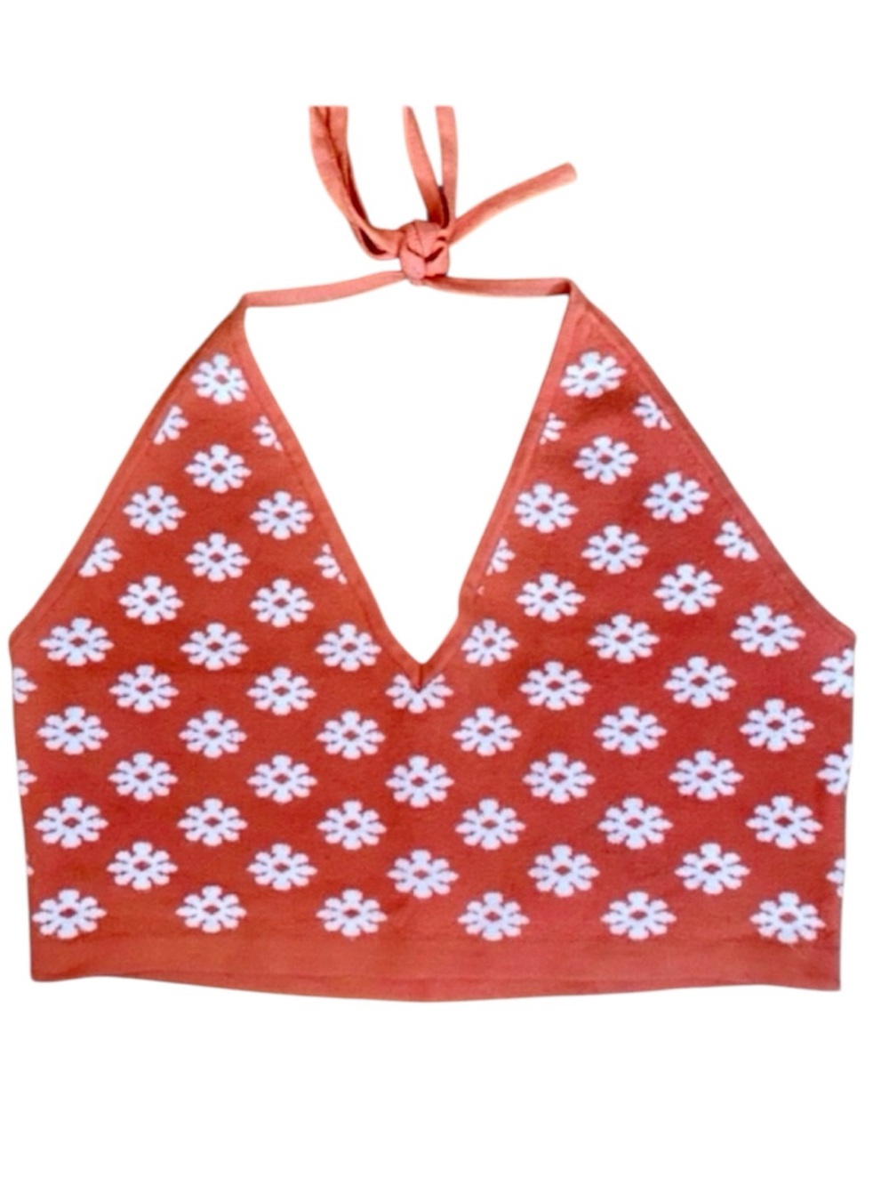 Y2K Daisy Knit Halter Crop Top Orange White Floral Festival Coquette XS S